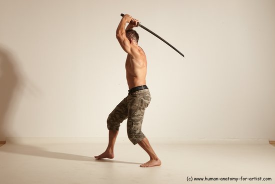 Fighting with sword Man White Moving poses Muscular Short Brown Dynamic poses Academic