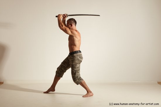 Fighting with sword Man White Moving poses Muscular Short Brown Dynamic poses Academic