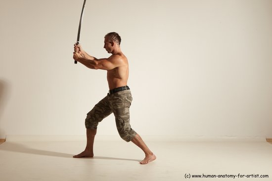 Fighting with sword Man White Moving poses Muscular Short Brown Dynamic poses Academic