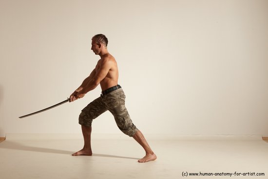 Fighting with sword Man White Moving poses Muscular Short Brown Dynamic poses Academic