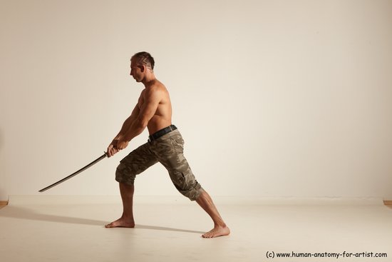 Fighting with sword Man White Moving poses Muscular Short Brown Dynamic poses Academic