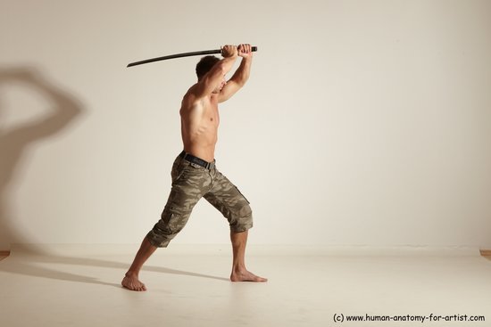 Fighting with sword Man White Moving poses Muscular Short Brown Dynamic poses Academic