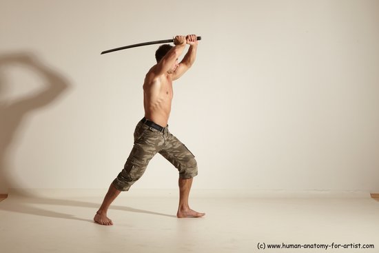 Fighting with sword Man White Moving poses Muscular Short Brown Dynamic poses Academic