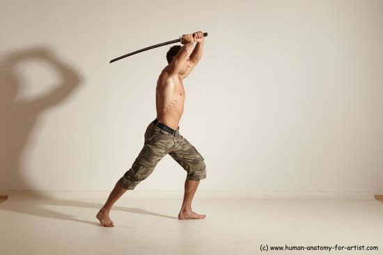 Fighting with sword Man White Moving poses Muscular Short Brown Dynamic poses Academic