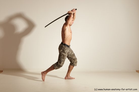 Fighting with sword Man White Moving poses Muscular Short Brown Dynamic poses Academic