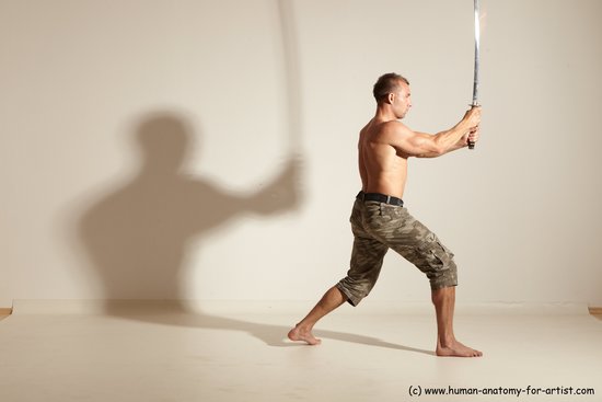 Fighting with sword Man White Moving poses Muscular Short Brown Dynamic poses Academic