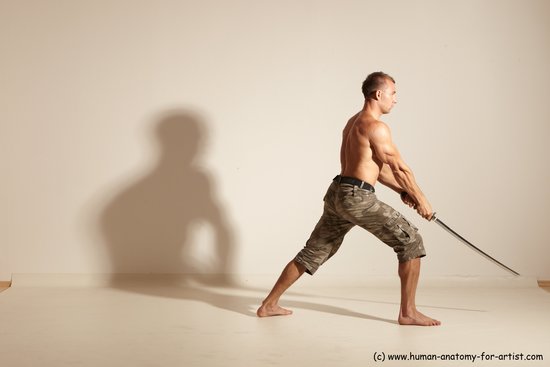 Fighting with sword Man White Moving poses Muscular Short Brown Dynamic poses Academic