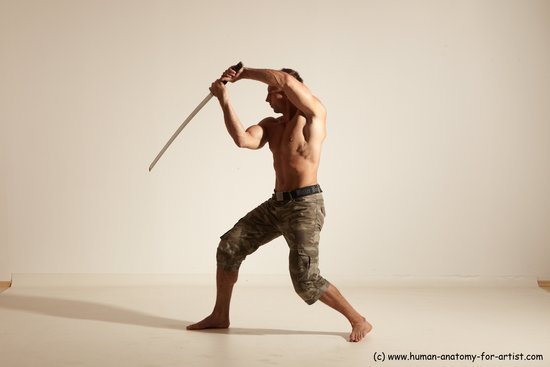 Fighting with sword Man White Moving poses Muscular Short Brown Dynamic poses Academic