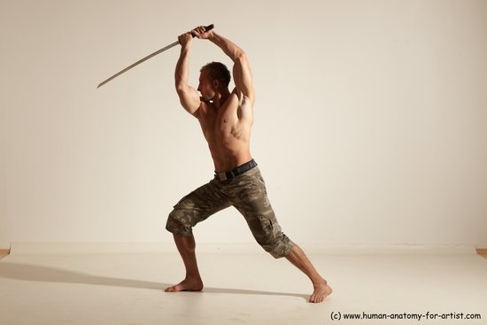 Fighting with sword Man White Moving poses Muscular Short Brown Dynamic poses Academic