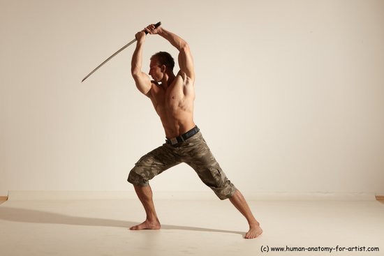 Fighting with sword Man White Moving poses Muscular Short Brown Dynamic poses Academic