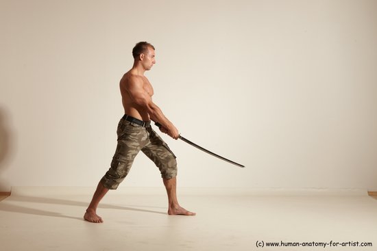 Fighting with sword Man White Moving poses Muscular Short Brown Dynamic poses Academic