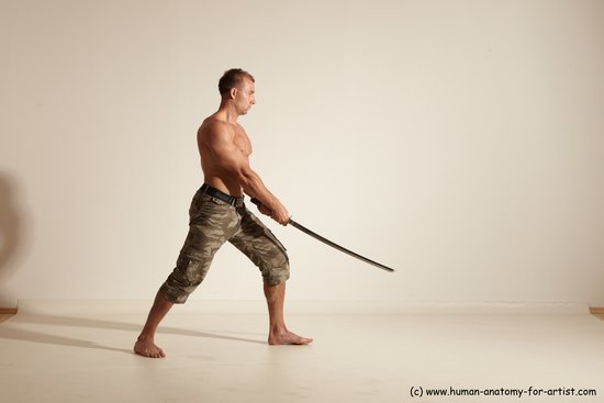 Fighting with sword Man White Moving poses Muscular Short Brown Dynamic poses Academic