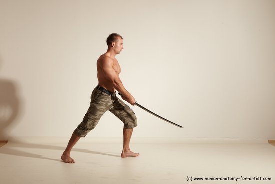 Fighting with sword Man White Moving poses Muscular Short Brown Dynamic poses Academic