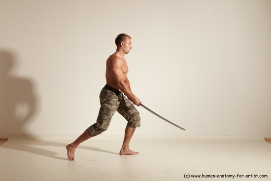 Fighting with sword Man White Moving poses Muscular Short Brown Dynamic poses Academic