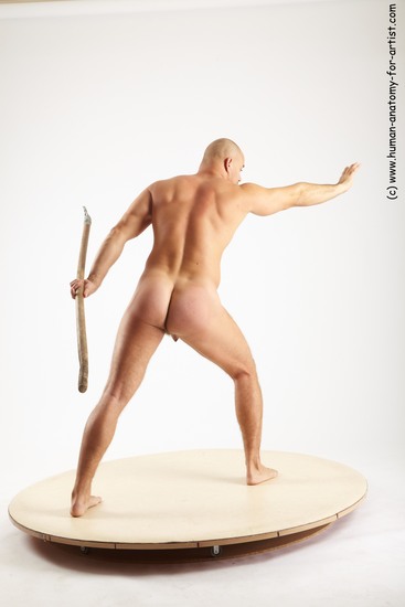 Nude Fighting with spear Man White Standing poses - ALL Slim Bald Standing poses - simple Realistic