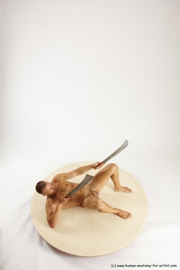 Nude Fighting with sword Man White Laying poses - ALL Slim Short Brown Laying poses - on back Multi angles poses Realistic