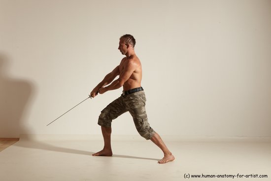 Fighting with sword Man White Moving poses Muscular Short Brown Dynamic poses Academic