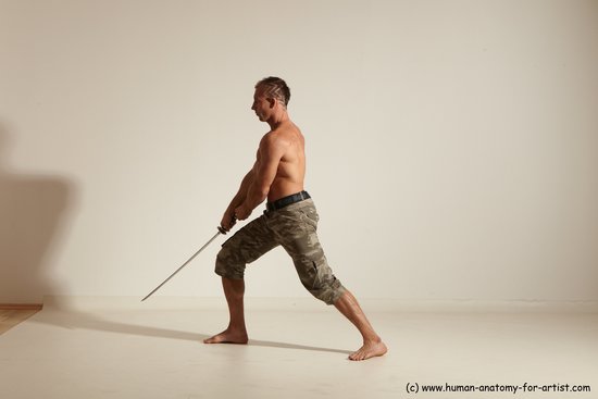 Fighting with sword Man White Moving poses Muscular Short Brown Dynamic poses Academic