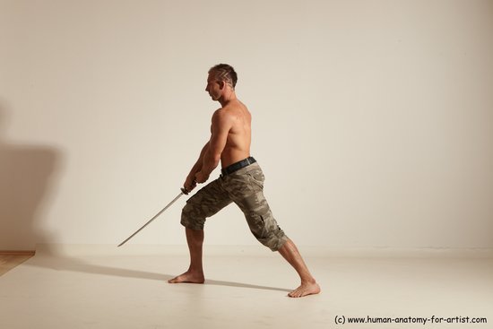 Fighting with sword Man White Moving poses Muscular Short Brown Dynamic poses Academic