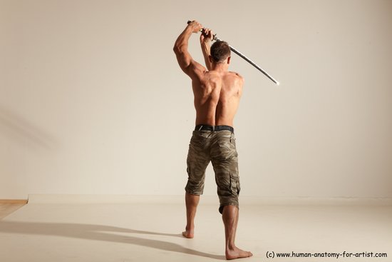 Fighting with sword Man White Moving poses Muscular Short Brown Dynamic poses Academic