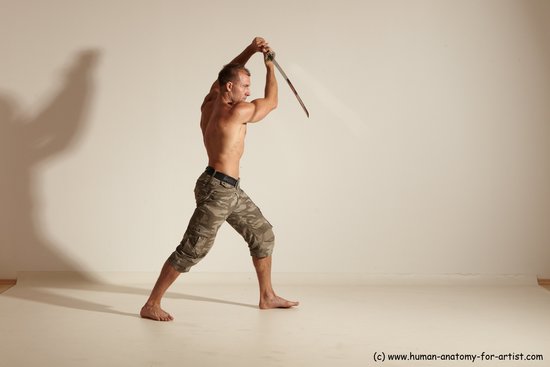 Fighting with sword Man White Moving poses Muscular Short Brown Dynamic poses Academic