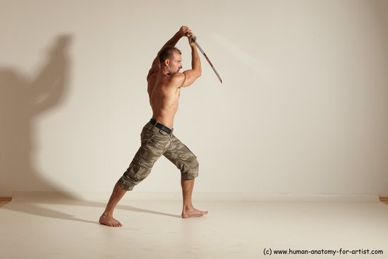 Fighting with sword Man White Moving poses Muscular Short Brown Dynamic poses Academic