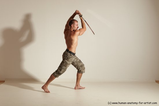 Fighting with sword Man White Moving poses Muscular Short Brown Dynamic poses Academic