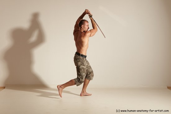 Fighting with sword Man White Moving poses Muscular Short Brown Dynamic poses Academic