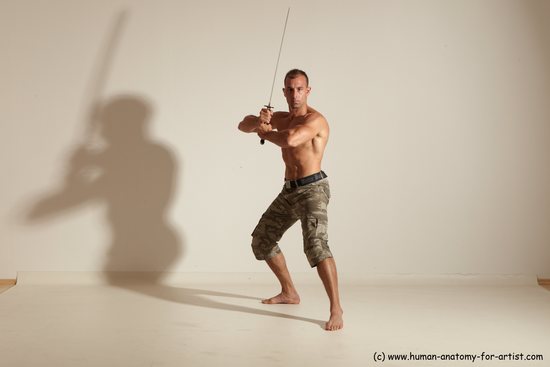 Fighting with sword Man White Moving poses Muscular Short Brown Dynamic poses Academic