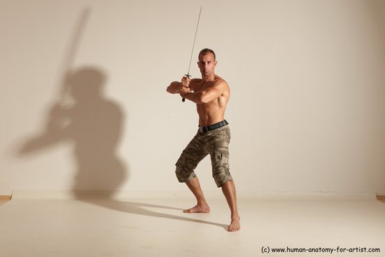 Fighting with sword Man White Moving poses Muscular Short Brown Dynamic poses Academic