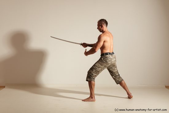 Fighting with sword Man White Moving poses Muscular Short Brown Dynamic poses Academic