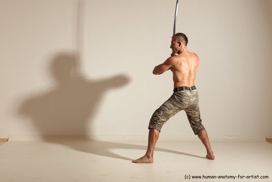 Fighting with sword Man White Moving poses Muscular Short Brown Dynamic poses Academic