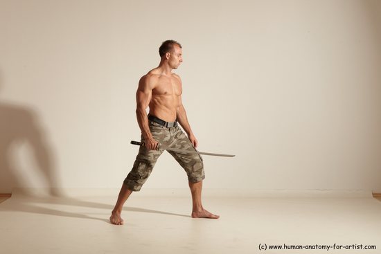 Fighting with sword Man White Moving poses Muscular Short Brown Dynamic poses Academic