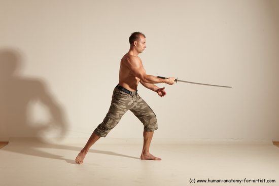 Fighting with sword Man White Moving poses Muscular Short Brown Dynamic poses Academic