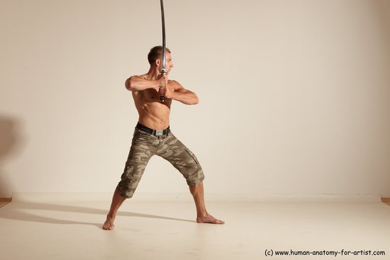 Fighting with sword Man White Moving poses Muscular Short Brown Dynamic poses Academic