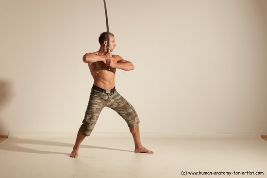 Fighting with sword Man White Moving poses Muscular Short Brown Dynamic poses Academic