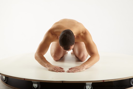 Nude Man White Kneeling poses - ALL Slim Short Brown Kneeling poses - on both knees Realistic