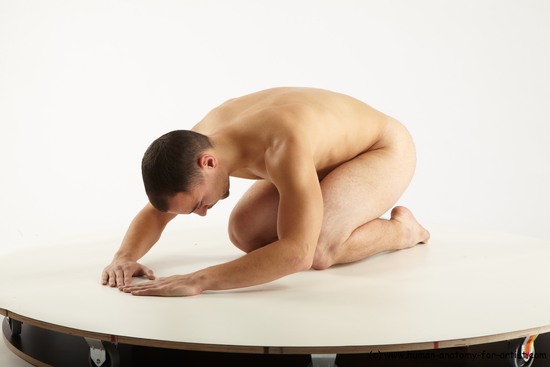 Nude Man White Kneeling poses - ALL Slim Short Brown Kneeling poses - on both knees Realistic