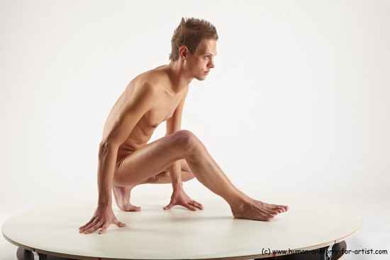 Nude Man White Standing poses - ALL Slim Short Blond Standing poses - knee-bend Realistic