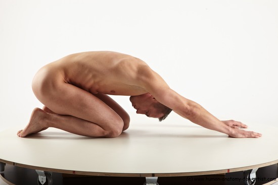 Nude Man White Kneeling poses - ALL Slim Short Brown Kneeling poses - on both knees Realistic