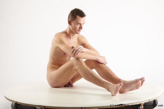 Nude Man White Sitting poses - simple Slim Short Brown Sitting poses - ALL Realistic