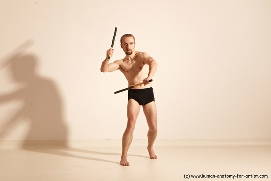 Underwear Fighting Man White Moving poses Slim Short Blond Dynamic poses Academic