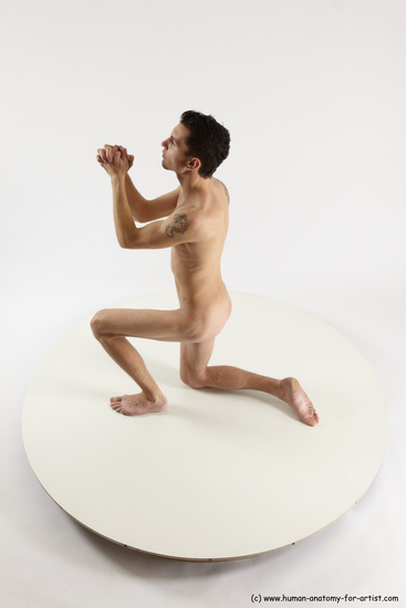 Nude Man White Kneeling poses - ALL Slim Short Brown Kneeling poses - on one knee Multi angles poses Realistic