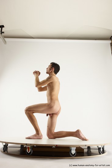 Nude Man White Kneeling poses - ALL Slim Short Brown Kneeling poses - on one knee Multi angles poses Realistic