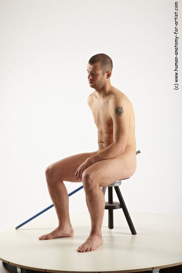 Nude Man White Sitting poses - simple Average Bald Sitting poses - ALL Realistic