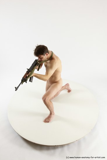 Nude Fighting with submachine gun Man White Kneeling poses - ALL Slim Short Brown Kneeling poses - on one knee Multi angles poses Realistic