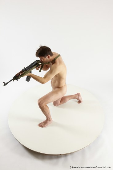 Nude Fighting with submachine gun Man White Kneeling poses - ALL Slim Short Brown Kneeling poses - on one knee Multi angles poses Realistic