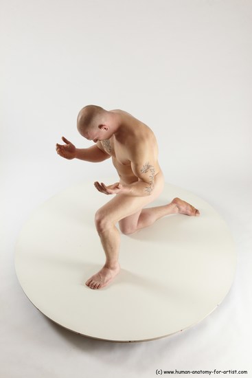 Nude Man White Kneeling poses - ALL Slim Bald Kneeling poses - on one knee Multi angles poses Realistic