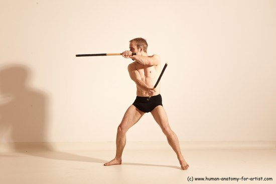 Underwear Fighting Man White Moving poses Slim Short Blond Dynamic poses Academic