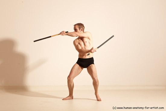 Underwear Fighting Man White Moving poses Slim Short Blond Dynamic poses Academic